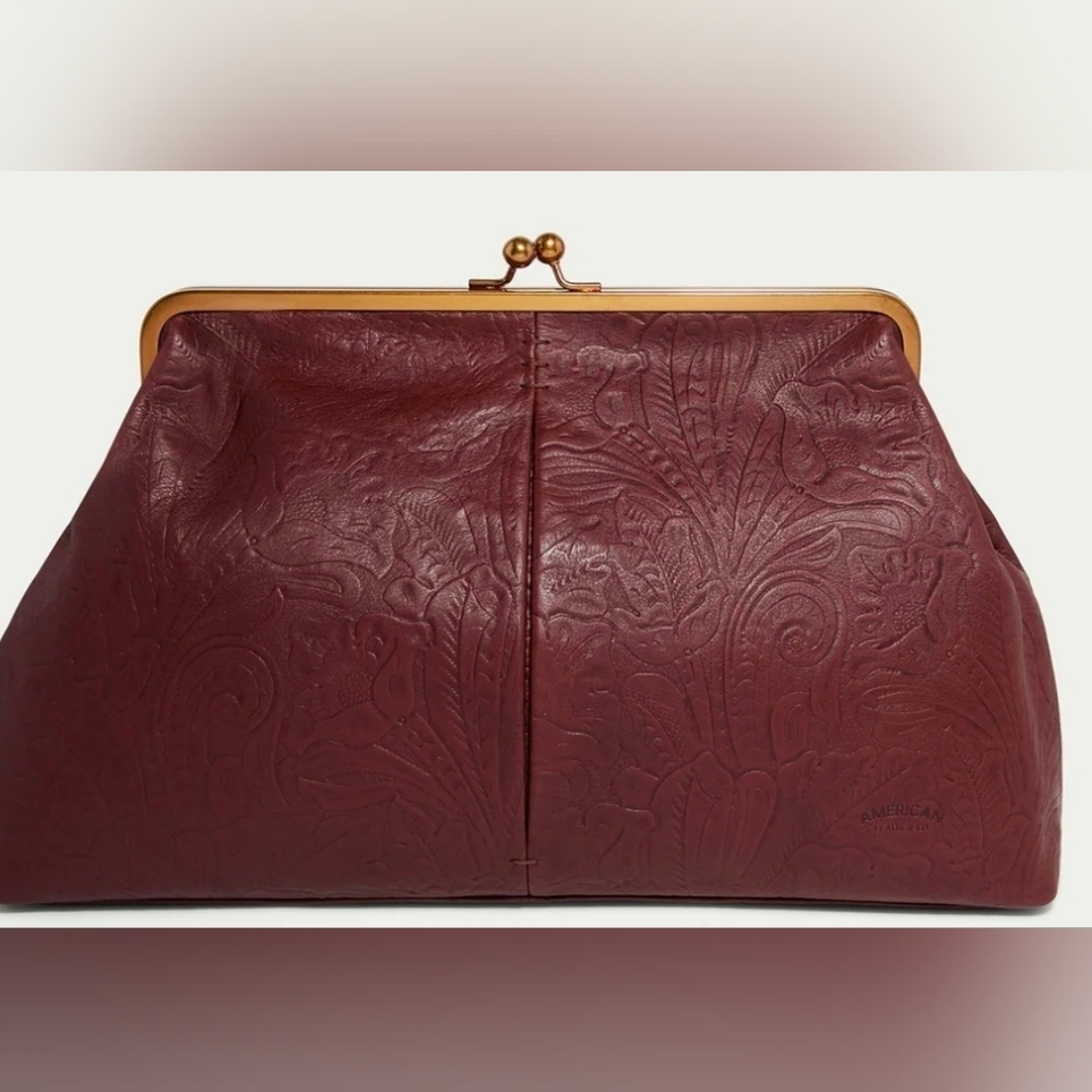 American Leather Co. Oversized Grace Kisslock Clutch in Cordovan Tooled